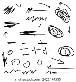 Set of handmade lines, brush lines, underlines. Hand-drawn collection of doodle style various shapes. Crosses, oval and strikethroughs. Art Lines. Isolated on white. Vector illustration
