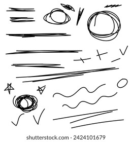 Set of handmade lines, brush lines, underlines. Hand-drawn collection of doodle style various shapes. Crosses, oval and strikethroughs. Art Lines. Isolated on white. Vector illustration