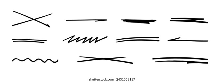 Set of handmade lines, brush underlines lines, underscores. A hand-drawn collection of various shapes in the doodle style. Artistic lines of the inscription. Vector illustration  Isolated on white. 
