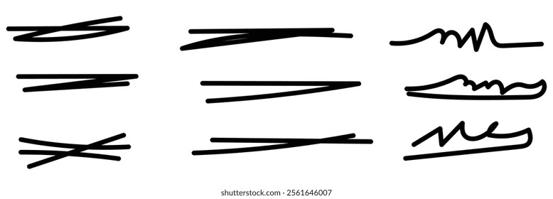 Set of handmade lines, brush lines, underlines. Hand-drawn collection of doodle style various shapes. Lettering Art Lines Pencil and calligraphy vector brushes. Design eps 10
