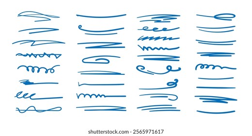 Set of handmade lines, brush lines, underlines. Hand-drawn collection of doodle style various shapes. Lettering Art Lines. Isolated on white. Vector illustration