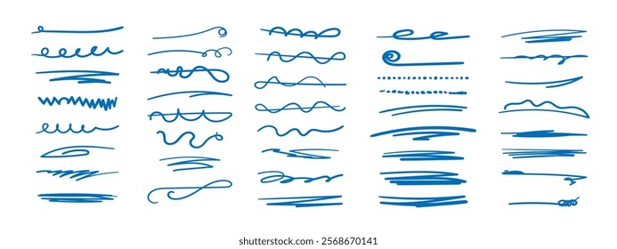 Set of handmade lines, brush lines, underlines. Hand-drawn collection of doodle style various shapes. Lettering Art Lines. Isolated on white. Vector illustration