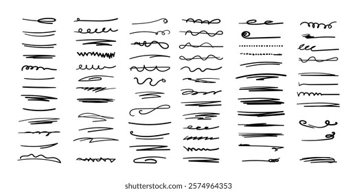Set of handmade lines, brush lines, underlines. Hand-drawn collection of doodle style various shapes. Lettering Art Lines. Isolated on white. Vector illustration