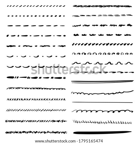 Set of handmade lines, brush lines, underlines. Hand-drawn collection of doodle style various shapes. Art Lines. Isolated on white. Vector illustration