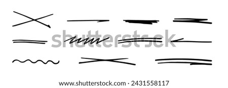 Set of handmade lines, brush underlines lines, underscores. A hand-drawn collection of various shapes in the doodle style. Artistic lines of the inscription. Vector illustration  Isolated on white. 