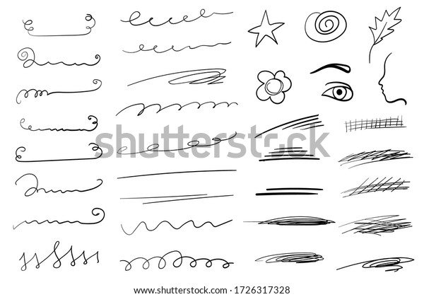 Set of handmade lines, brush
lines, underlines. Hand-drawn collection of doodle style various
shapes. Art Lines and elements. Isolated on white. Vector
illustration