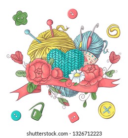 Set for handmade logo template, elements and accessories for crocheting and knitting.