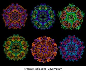 set handmade mandala in psychedelic colors on black background. Useful for,  design Tshirts, postcards, or decor in interior. Vector.