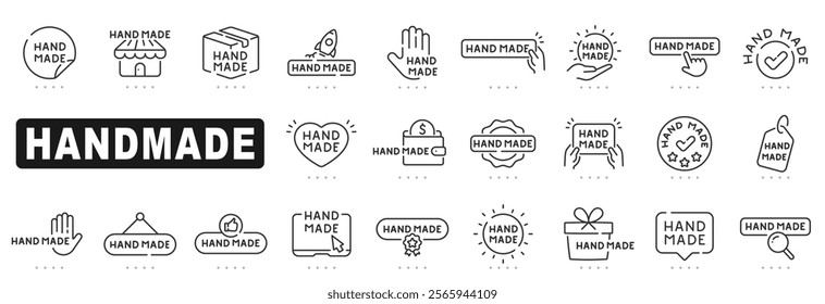 Set of hand-made related line icons. Stamp, badge, handcraft etc. Editable stroke