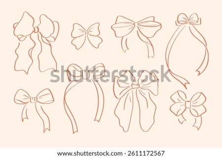 Set of handmade ribbon bows. Decorative gift bows sketch collection on beige background in doodle style