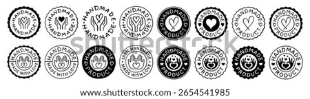 Set Of Hand-Made Seal Signs. Made with Love Stickers. Handmade Stamp Badges Vector Design. Handcraft Emblem. 