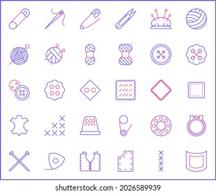 Set of handmade and sewing icons line style. It contains such Icons as thread, Needle, sewing machine, pin, Knitting, Wool, yarn, cloth, fabric and other elements.