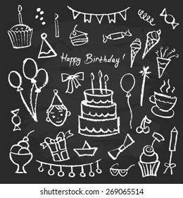 Set handmade sketch items for birthdays and holidays. Vector illustration.