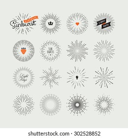 Set of handmade sunburst design elements. Vintage style elements and icons for graphic and website design.    