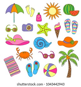 Set of handmade symbols and icons summer  and vacation on the  beach