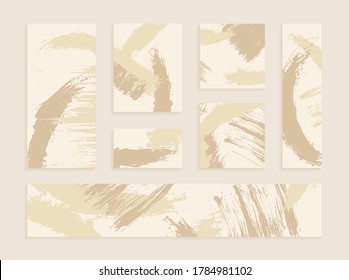 A set of handmade templates for design. Beige and brown brush strokes. Abstract ink blots. Business cards, horizontal and vertical brochures, banners.