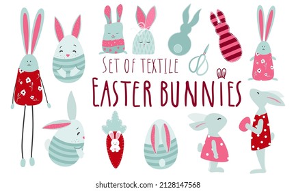 Set of handmade textile decorative cute easter bunnies. Isolated decor elements on a white background. Vector illustration.