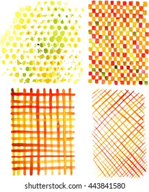 A set of handmade vector watercolor textures: abstract green and yellow chaotic dots; red and orange squares; brown chequered and red rhombus patterns