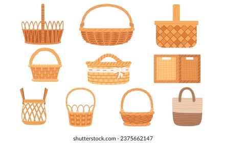 Set of handmade wooden basket with handle vector illustration isolated on white background