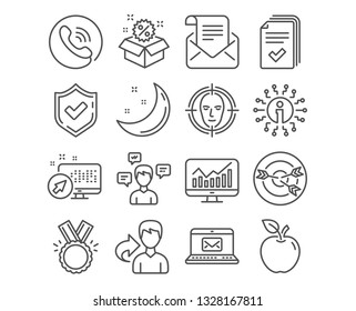 Set of Handout, Conversation messages and Targeting icons. Honor, Statistics and E-mail signs. Mail newsletter, Sale and Face detect symbols. Documents example, Communication, Target with arrows
