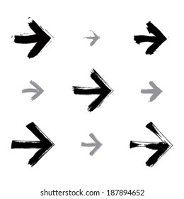 Set of hand-painted arrows isolated on white background, simple stroke arrow signs created with real hand-drawn ink brush scanned and vectorized, monochrome direction icons.