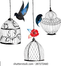 set hand-painted birdcages , birds , leaves, watercolor dark coloring