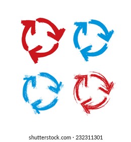 Set of hand-painted blue and red update signs isolated on white background, collection of simple hand-drawn repeat navigation icons. Brush drawing refresh multimedia symbols.
