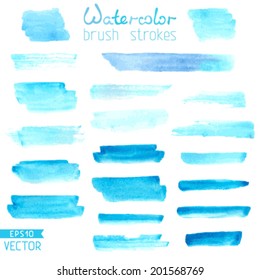 Set of hand-painted brush strokes. Blue watercolor stripes isolated on white background. Vector illustration. 