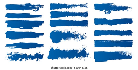 Set of hand-painted brush strokes. Blue watercolor stripes isolated on white background. Vector illustration. 