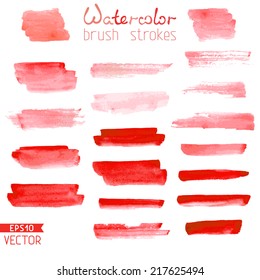 Set Of Hand-painted Brush Strokes. Red Watercolor Stripes Isolated On White Background. Vector Illustration.