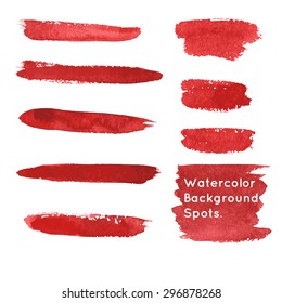 Set of hand-painted brush strokes and spots. Red watercolor stripes isolated on white background. Vector illustration.