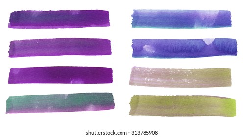 Set of hand-painted brush strokes. Watercolor stripes isolated on white background.  Violet, green