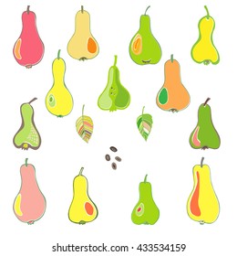 Set of hand-painted chopped, ripe pears for your design. Bright fruits. Isolates. Colorful elements for cards, packaging, paper, typography, business cards, tissues. Vector illustration