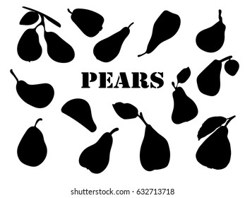 Set of hand-painted chopped, ripe pears for your design. Flat silhouettes of fruits. Isolates. Black elements for cards, packaging, paper, typography, business cards, tissues. Vector illustration
