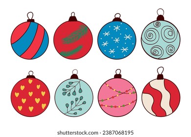 set of hand-painted Christmas balls, pink, red, blue, green, isolated on a white background. For cards, decorations, decoration. Vector illustration.