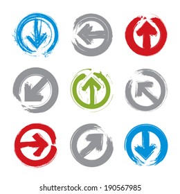 Set of hand-painted colorful direction button isolated on white background, collection of simple arrow icons created with real hand-drawn ink brush scanned and vectorized.