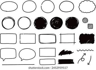 Set of hand-painted decoration materials. Decorative elements for text. Black line drawing on white background.