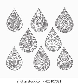 Set of hand-painted decorative, abstract, geometric drops. Vector graphics. Monochrome range.