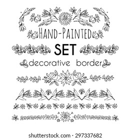 SET Hand-Painted decorative border.Garfishes elements of pen and ink. Blank labels, labels, badges and postcards. Graphics Doodle flowers, twigs and leaves.A monochrome vector bundle