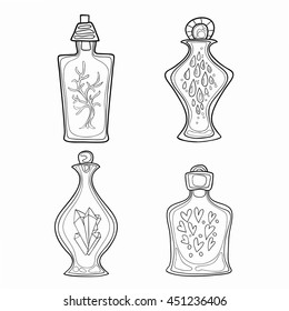 Set of hand-painted decorative bottles. Vector graphics. The pattern for the coloring books.