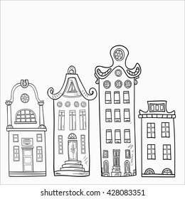 Set of hand-painted, decorative houses. Monochrome range.