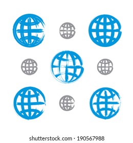 Set of hand-painted earth globe icons isolated on white background, collection of simple blue sphere symbols created with real ink hand-drawn brush scanned and vectorized.