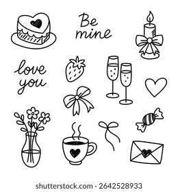 Set of hand-painted elements of a romantic coquette in the style of a doodle for Valentine's day, a heart-shaped cake, strawberries, a tea cup, a love letter, a candle with bows, champagne glasses.