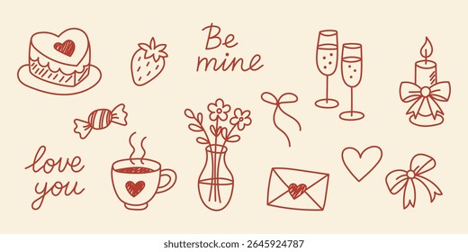 Set of hand-painted elements of a romantic coquette in the style of a doodle for Valentine's day, a heart-shaped cake, strawberries, a tea cup, a love letter, a candle with bows, champagne glasses.