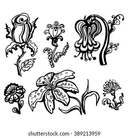 Set of hand-painted flowers.  Stock vector. A sketch in a notebook coloring. Spring summer flowers. Patterned design elements.fantastic plants