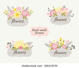 Set of hand-painted frame with flowers in doodle style.  Floral design element. Isolated on the light background.