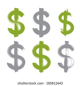 Set of hand-painted green dollar icons isolated on white background, collection of currency symbols created with real ink hand-drawn brush scanned and vectorized, green buck signs.