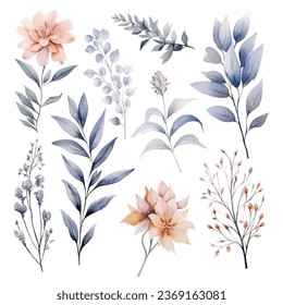 Set of handpainted grey watercolor vector flowers and leaves. Design element for wedding, congratulation card. Perfect floral elements for save the date card.