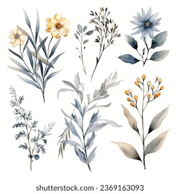 Set of handpainted grey watercolor vector flowers and leaves. Design element for wedding, congratulation card. Perfect floral elements for save the date card.
