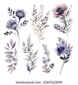 Set of handpainted grey watercolor vector flowers and leaves. Design element for wedding, congratulation card. Perfect floral elements for save the date card.